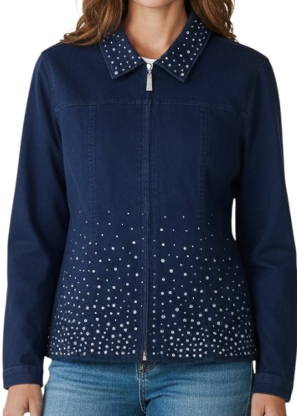 Quacker Factory Navy Rhinestone Jacket Size L Zip Front Embellished Bling NWT